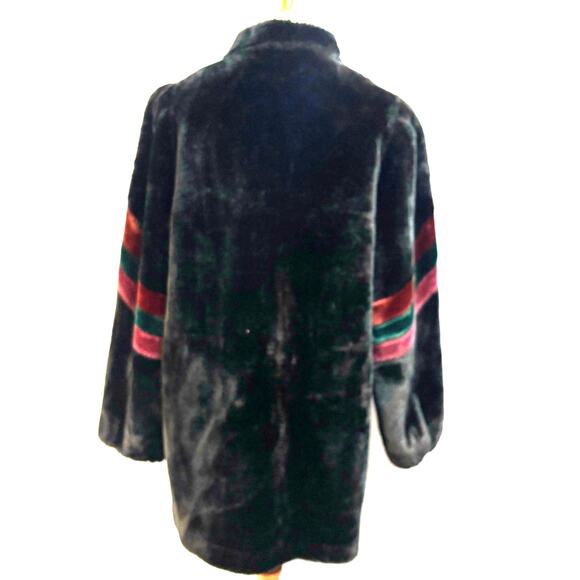 Vintage 80s Borgazia Black Faux Fur Coat Red Green Stripe, Size 13/14 - Picture 5 of 8